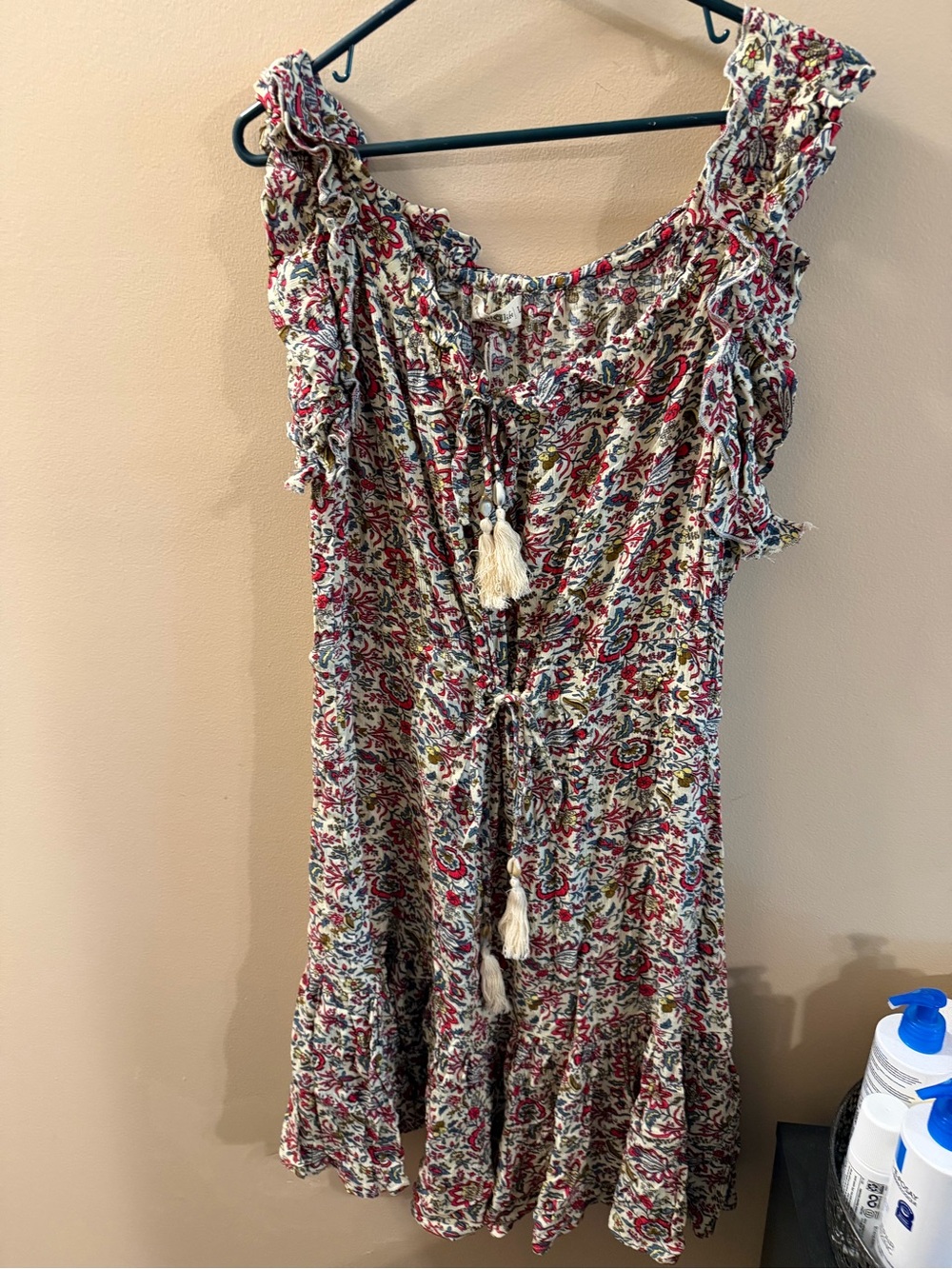 NATURAL LIFE Floral Boho dress Top in Cream, Red & Green size L